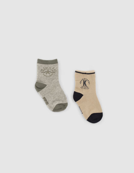 Socken in Khaki mit Streifen und Beige für Babyjungen