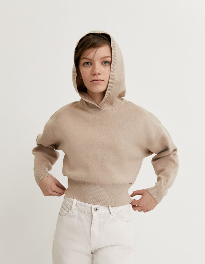 Pull cropped beige clair tricot à capuche fille -2