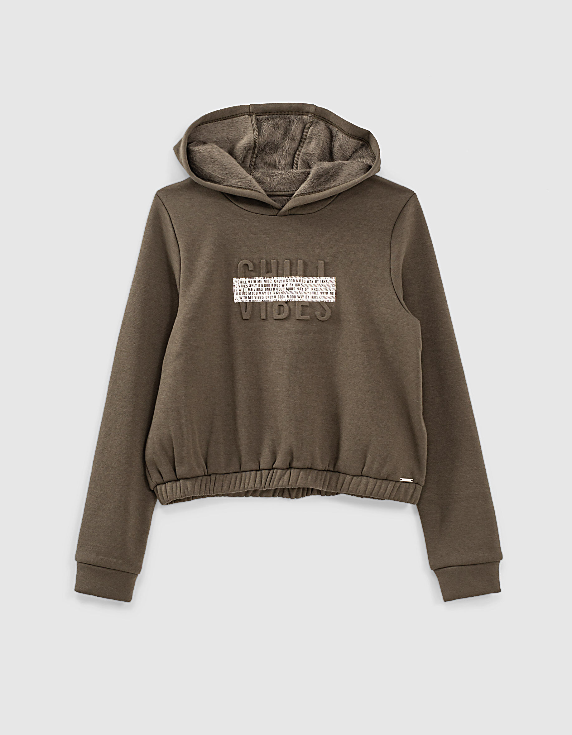 Girls khaki textured slogan hoodie IKKS