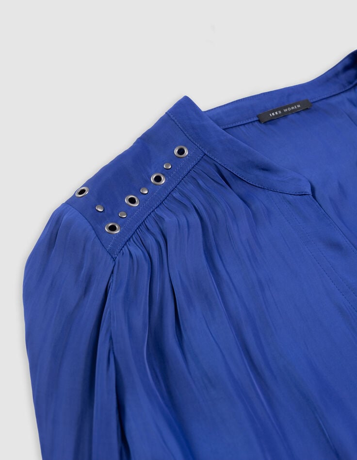 Women's royal blue crumpled blouse with eyelet and stud decoration-2