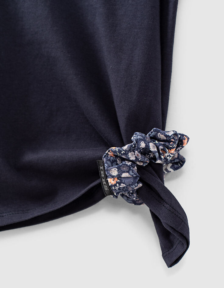 Navy bio T-shirt met bloemenscrunchie meisjes-3