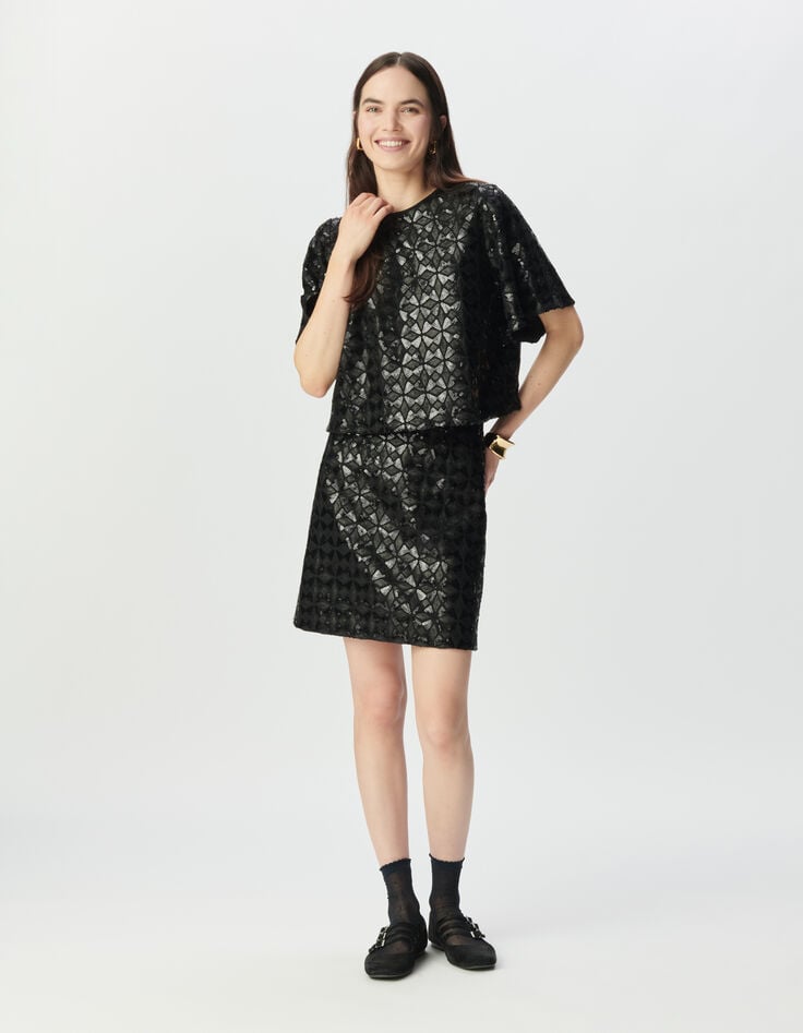 Jupe noire broderies sequins graphiques Femme-1