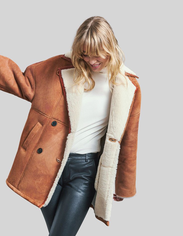 Manteau cognac cuir retourné esprit canadienne Femme-9