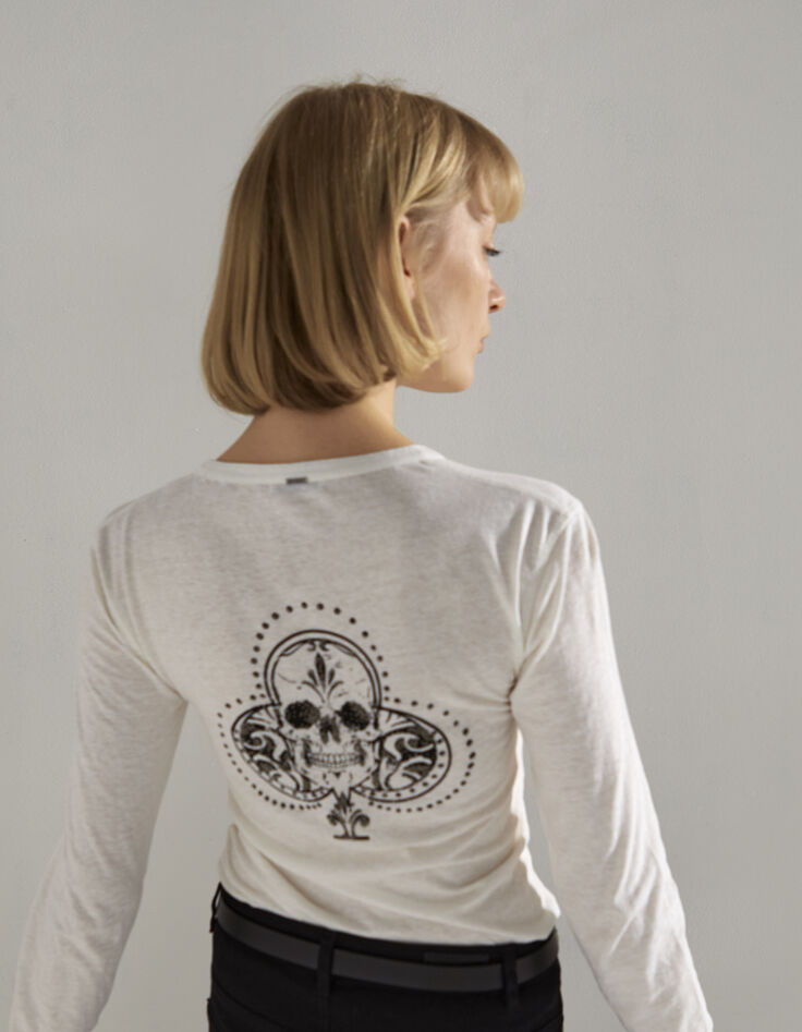Tee-shirt blanc manches longues tête de mort poitrine femme-2
