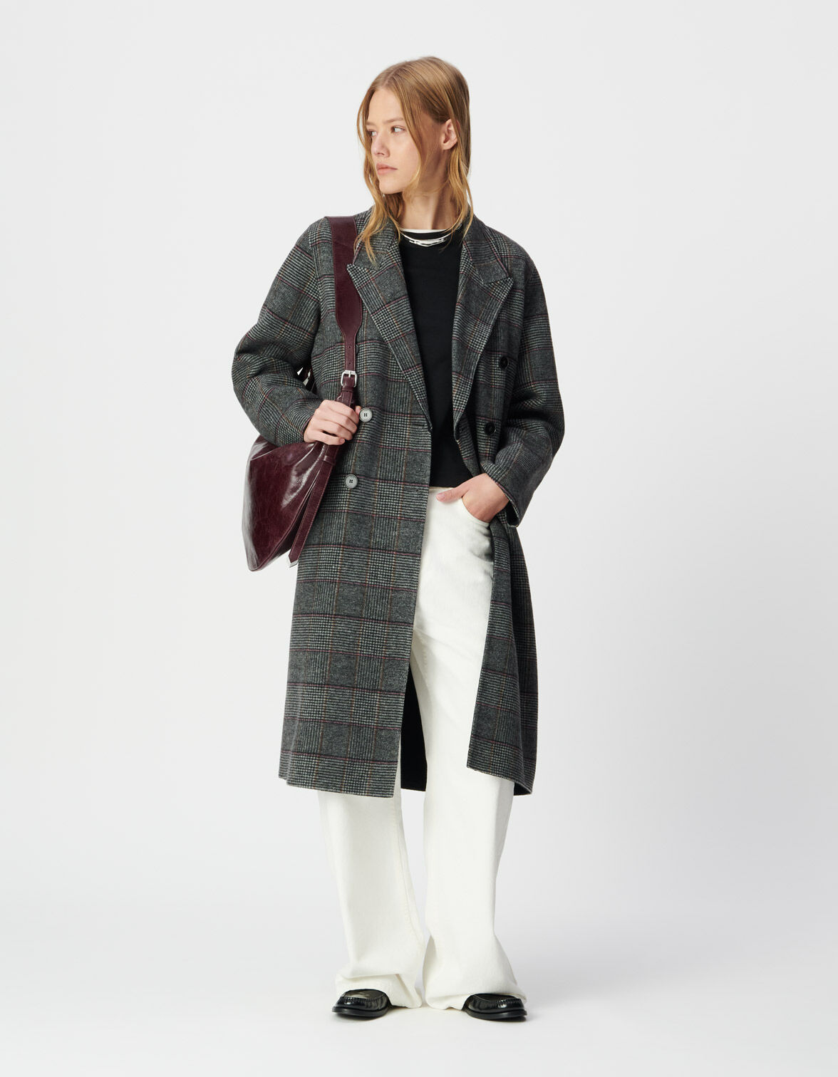 Women's grey check double-breasted long coat