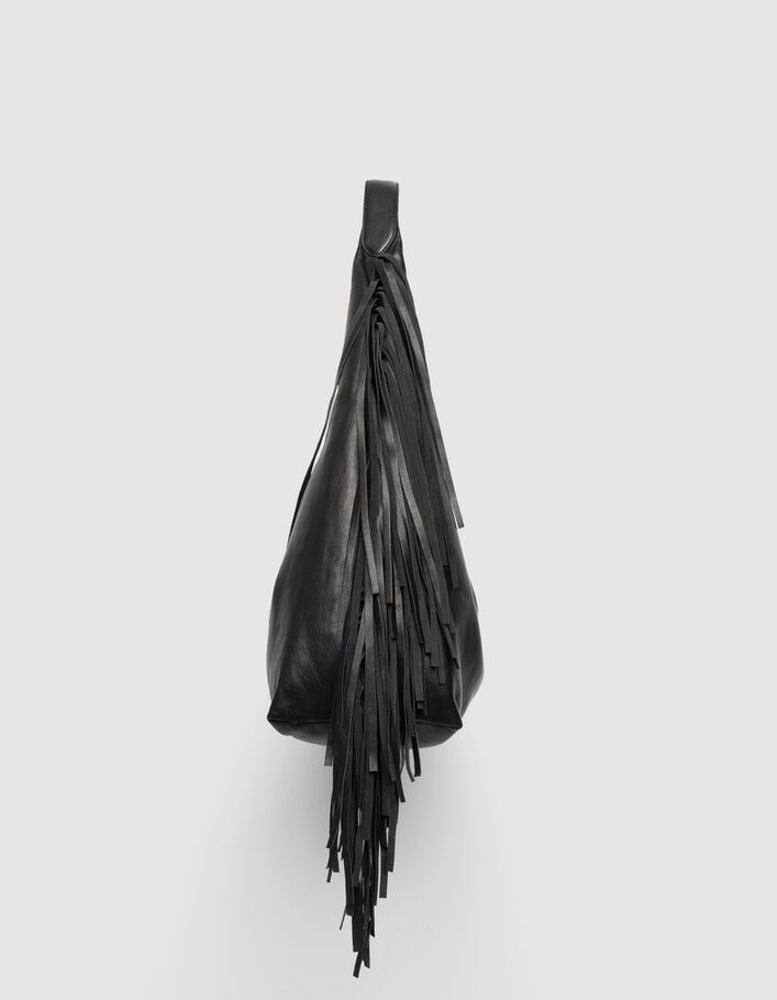 Sac Hobo noir cuir souple avec franges Femme