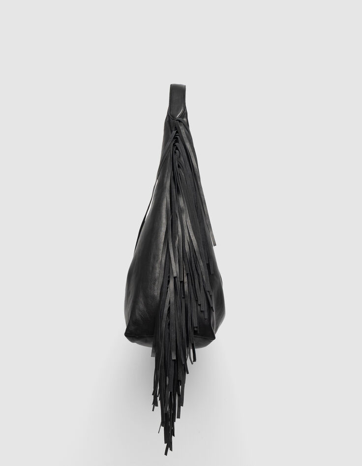 Schwarze Damenhobo-Tasche weiches Leder mit Fransen-5