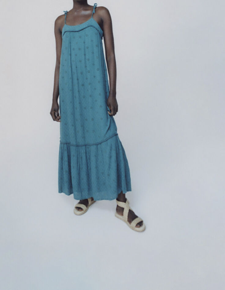 Vestido esmeralda tirantes bordados mujer-7