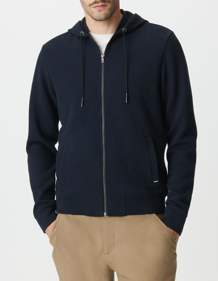 Men&rsquo;s navy cotton Ottoman knit hooded cardigan-2