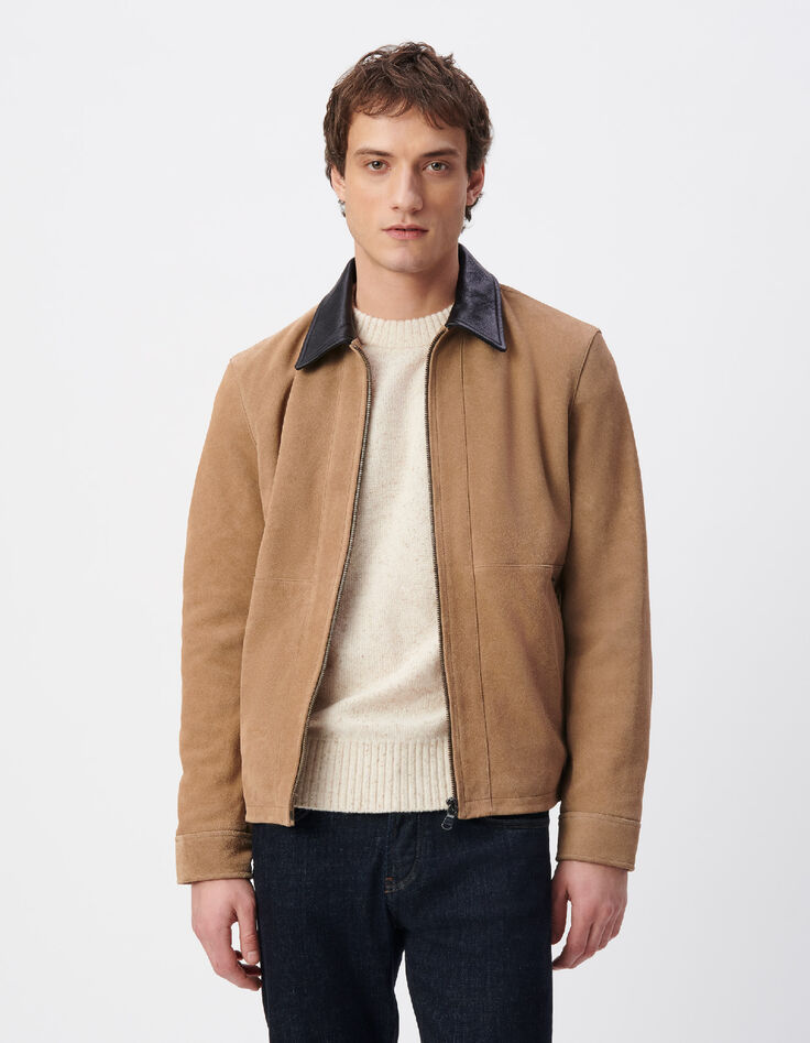 Beiger Velourslederjacke schwarzer Kragen-4