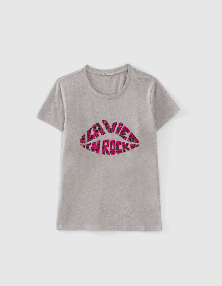 Graues Damen-T-Shirt mit Mundmotiv-4