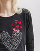 Tee-shirt en coton noir motif message et cœurs femme-3