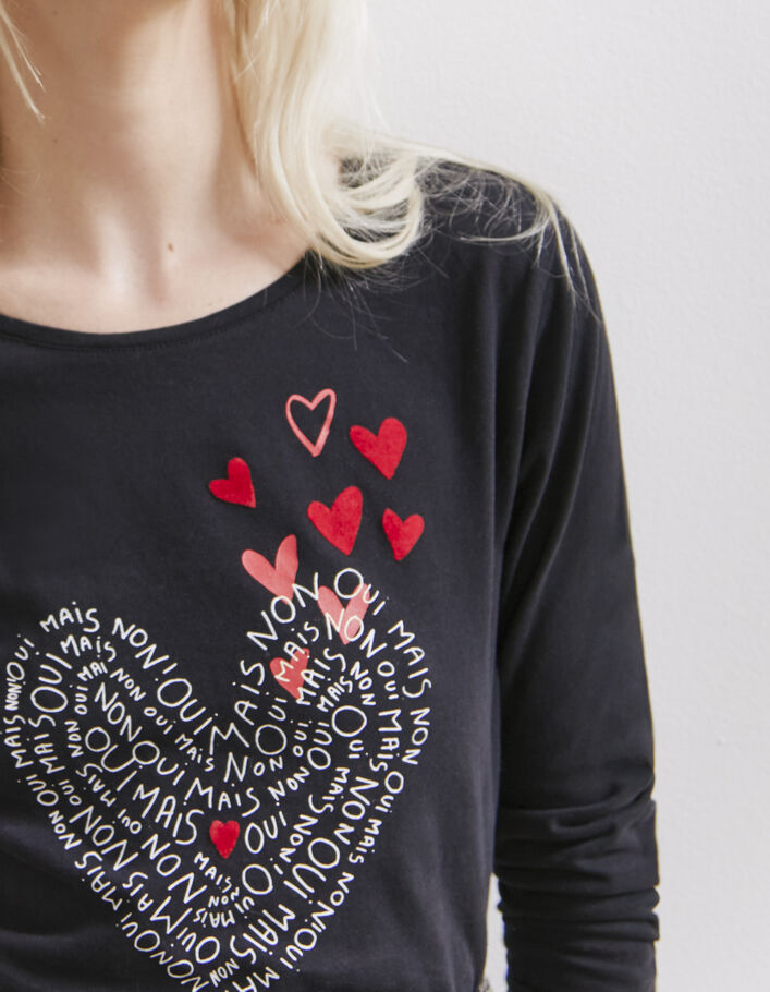 Camiseta algodón negro mensaje y corazones mujer - IKKS