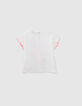 Girls’ white organic cotton T-shirt, neon pink bird image-3