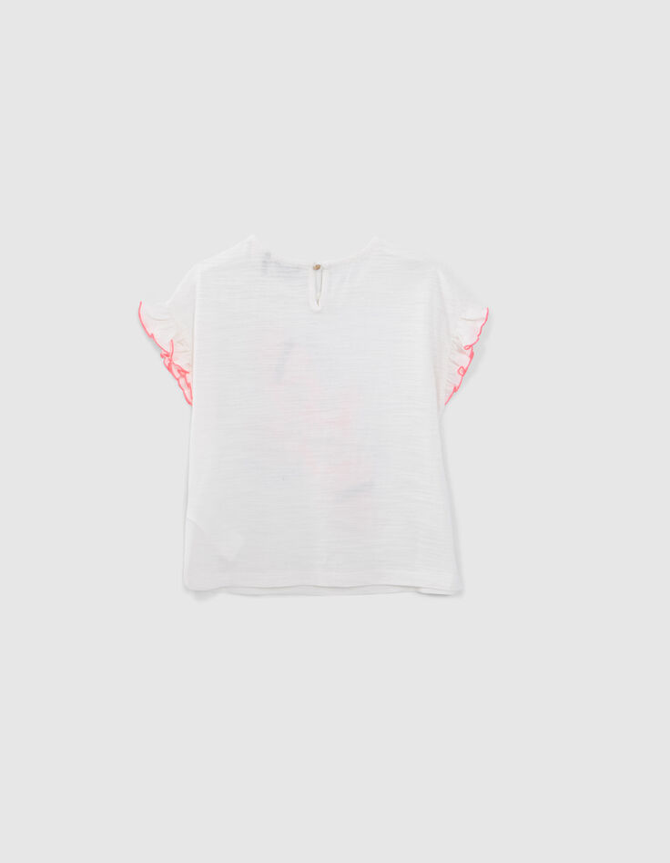 Girls’ white organic cotton T-shirt, neon pink bird image-3