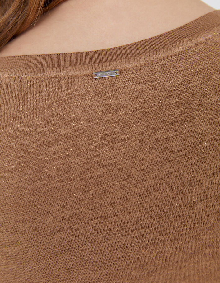 Women's camel foil linen V-neck T-shirt-4