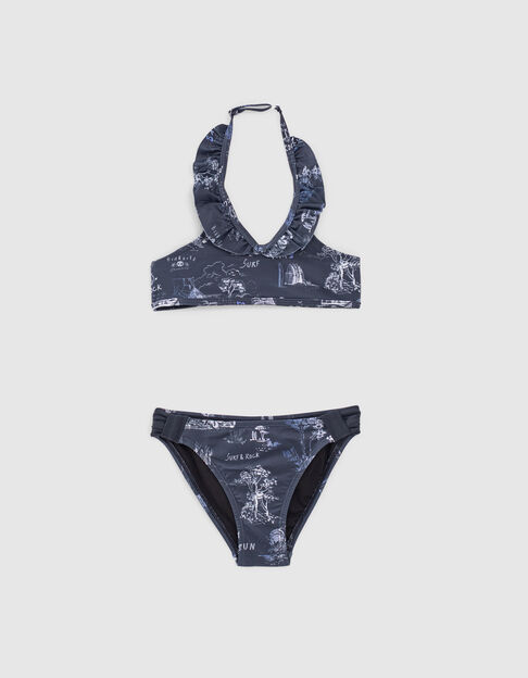 Girls’ navy recycled toile de Jouy bikini