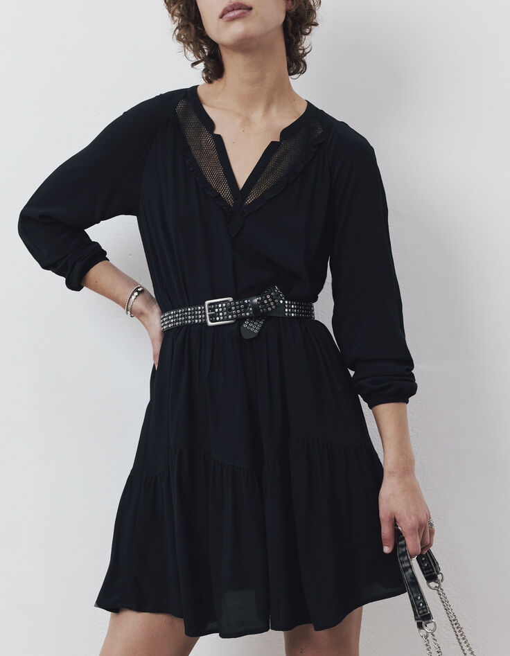 Vestido ancho negro rejilla y volantes mujer-2