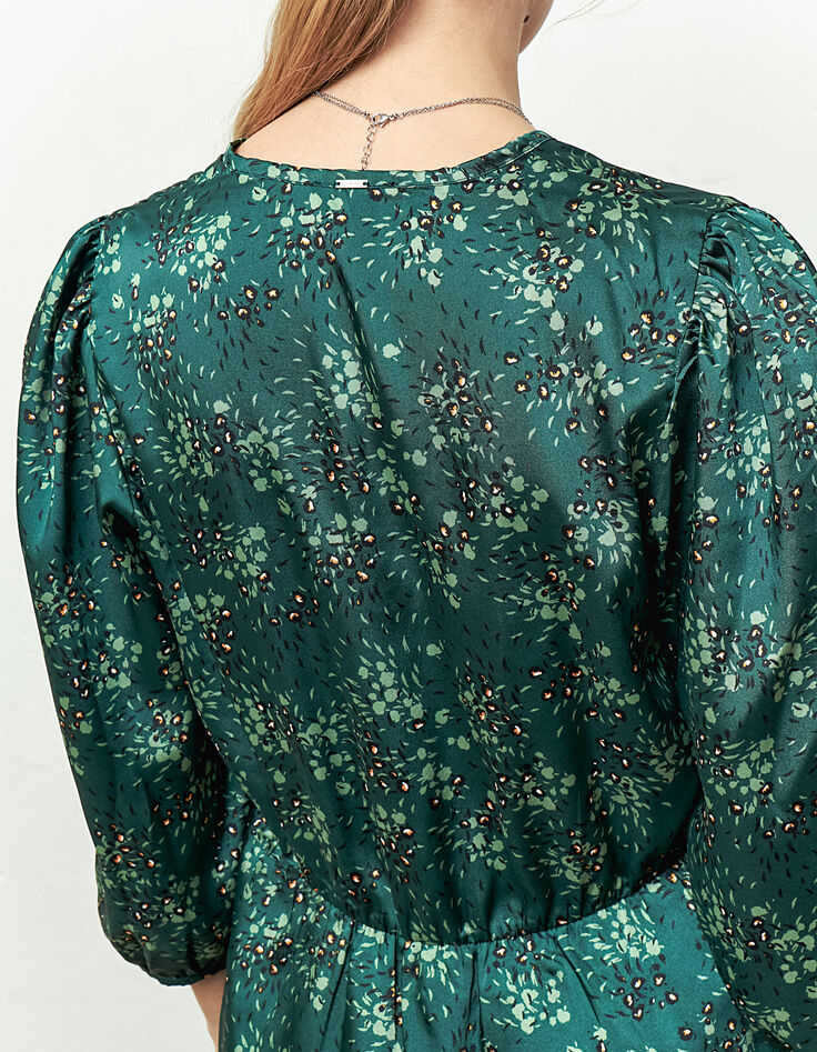 Korte damesjurk V-hals lange mouwen blauwe bloemenprint-5