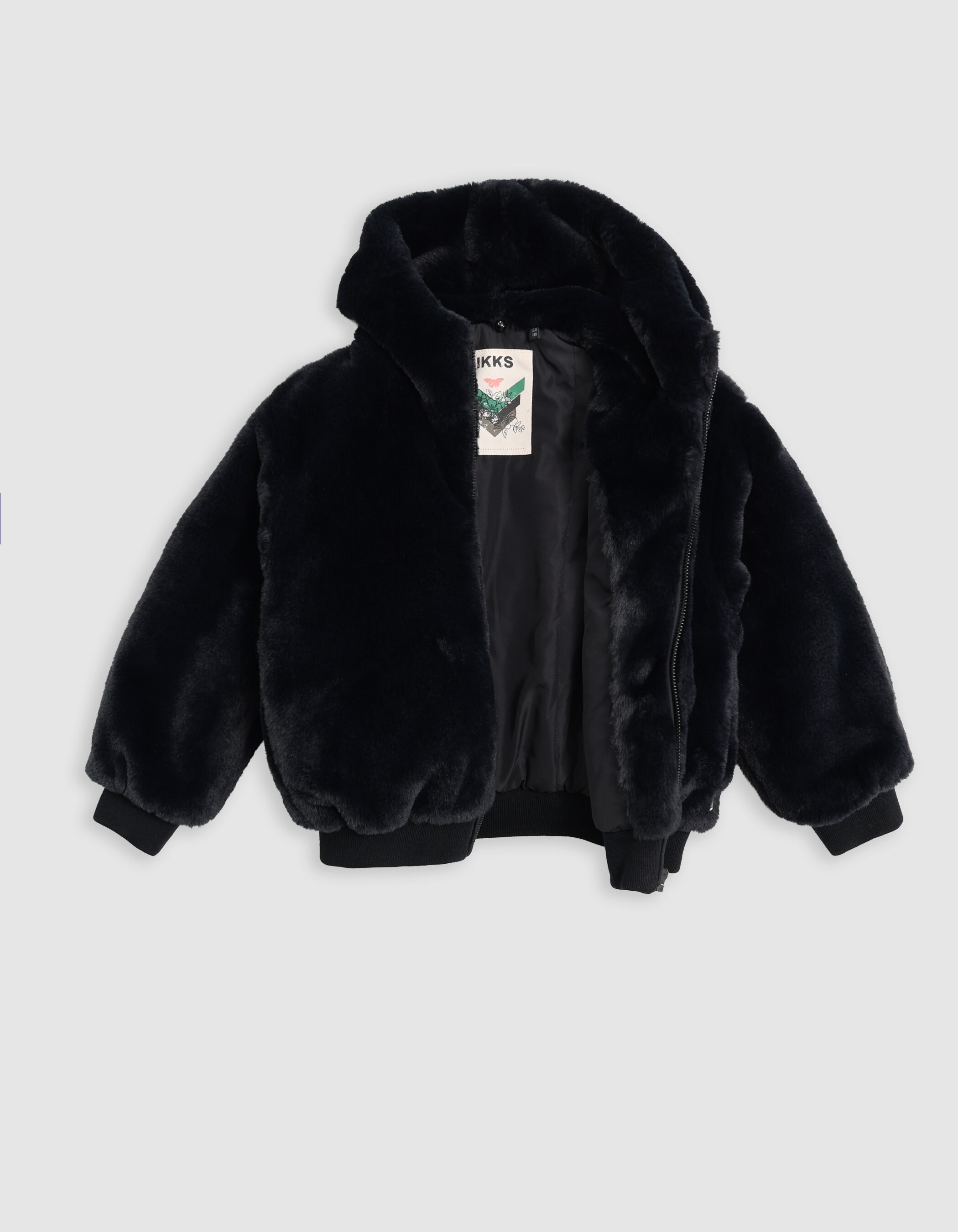 Girl s black hooded sherpa maxi herringbone back jacket IKKS