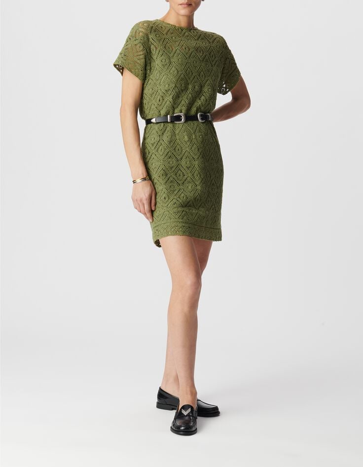 Robe courte verte coton bio dentelle crochet Femme-1