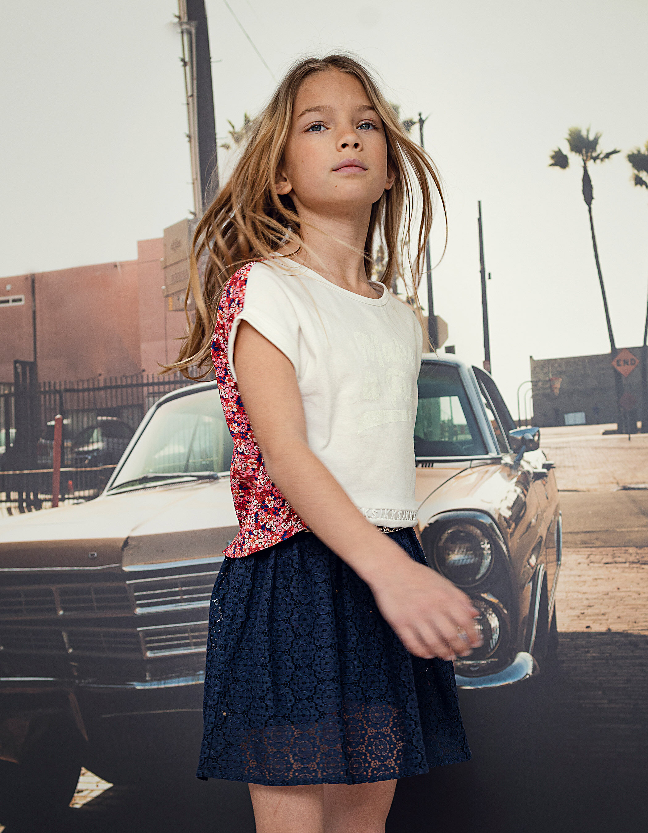 Jupe navy en dentelle ceinture leopard fille IKKS