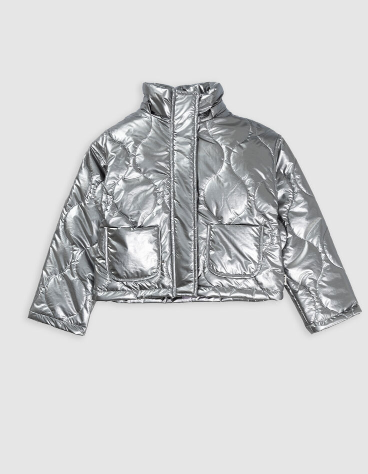 Grey metallic padded jacket with removable hood for girl-8