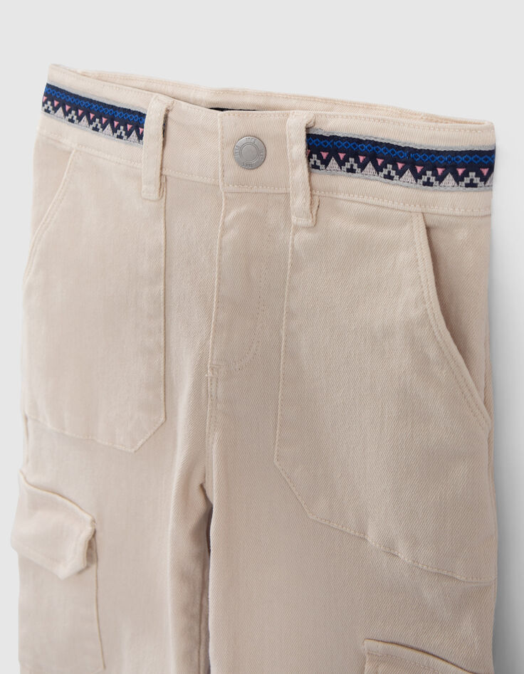 Girls' ecru cargo jeans with embroidered braid-6