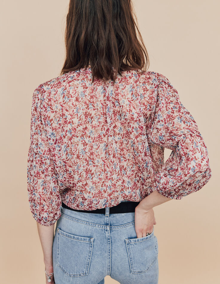 Losse blouse in sluier met bloemenprint op witte achtergrond dames-2
