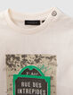 Ecru T-shirt biokatoen reliëf straatnaambord babyjongens-6