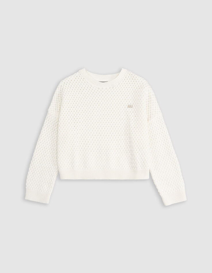 Pull blanc coton bio tricot fantaisie relief fille-3