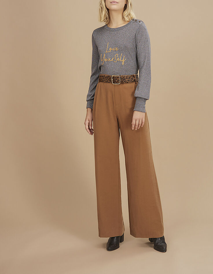 Pull gris chiné moyen tricot lurex à message brodé I.Code-6