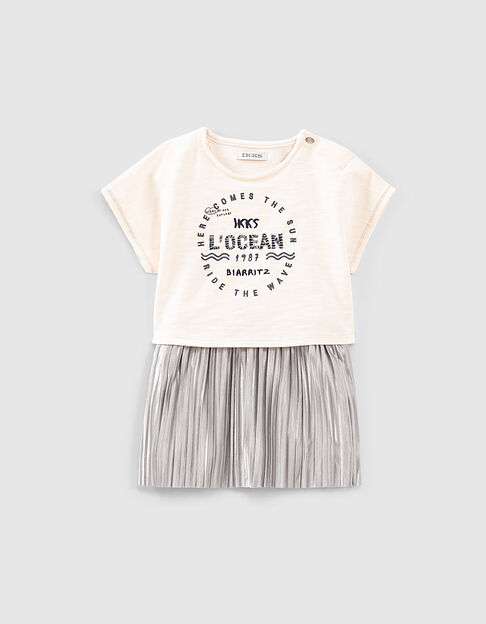 Baby girls’ ecru trompe-l'œil dress+pleated lurex skirt