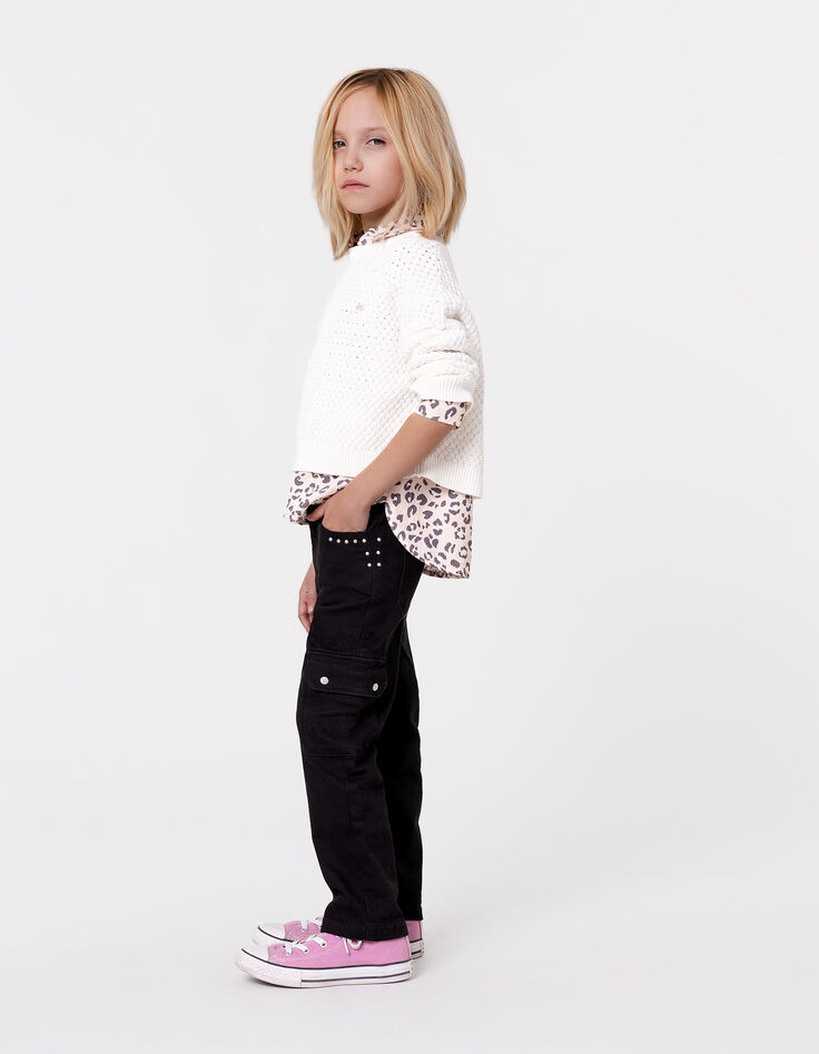 Pull blanc coton bio tricot fantaisie relief fille-2