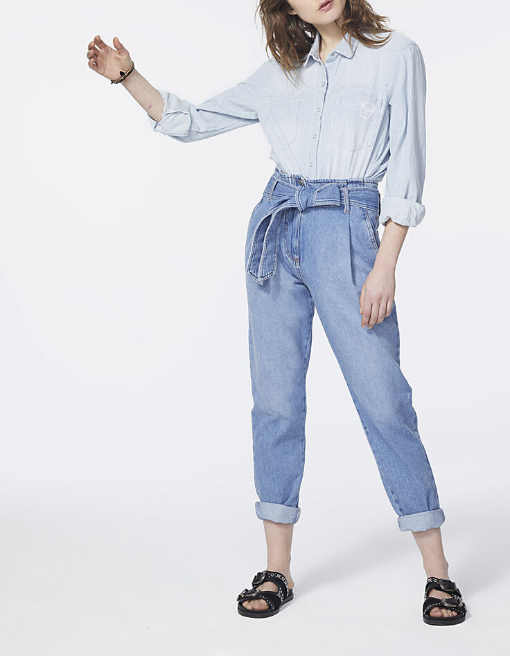 Wijde blauwe jeans hoge taille cropped lengte dames-1