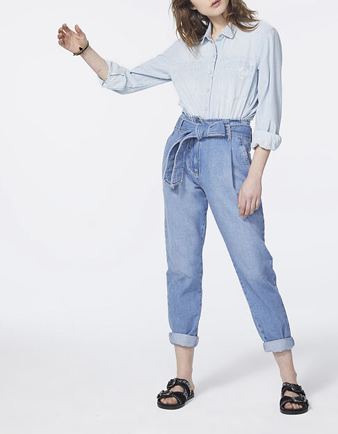 Jean large bleu taille haute longueur cropped femme - IKKS