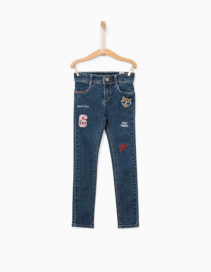 Girls' stone blue skinny jeans+patches+embroidery-2