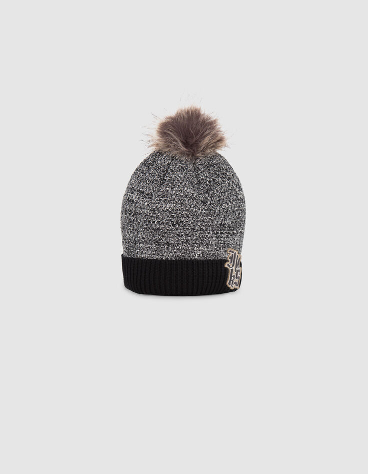 Bonnet noir tricot chiné badge logo bébé garçon-4