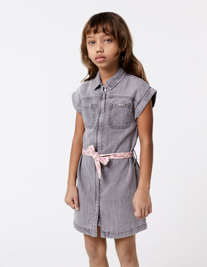 Robe en jean gris coton bio ceinture imprimée fille IKKS