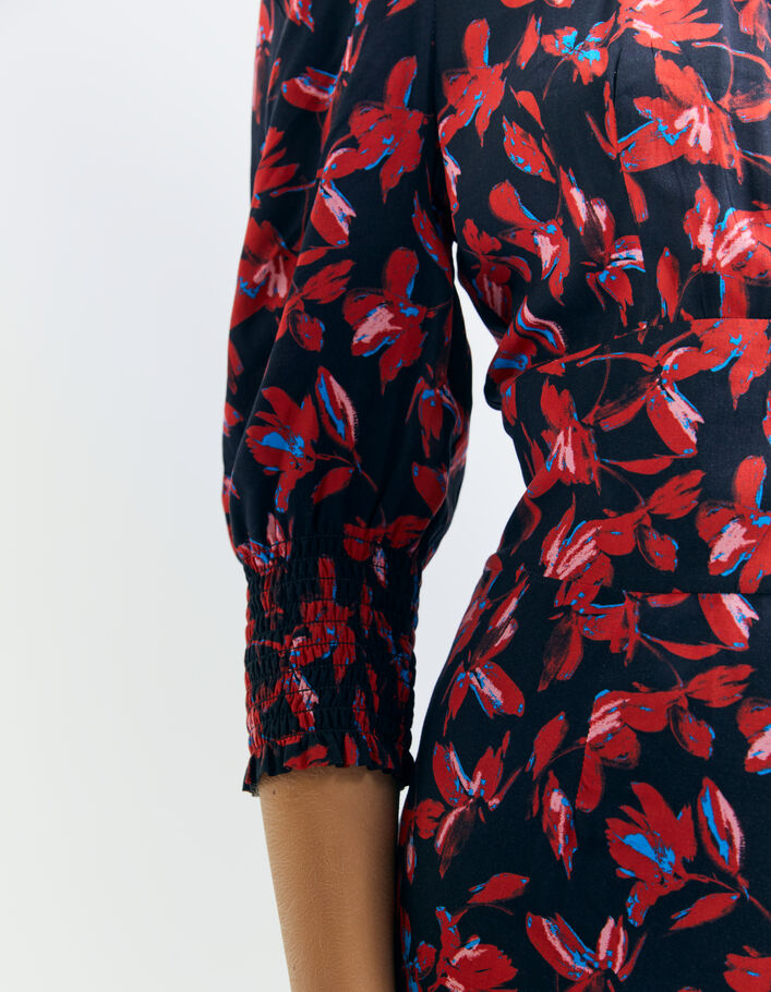 Robe rouge imprimé floral rock avec smocks au col Femme - IKKS
