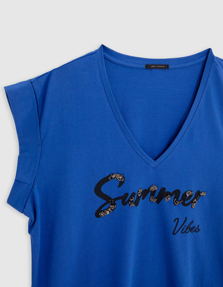 K&ouml;nigsblaues Damen-T-Shirt mit gestickter Perlenbotschaft-7