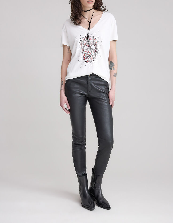 Wit T-shirt doodshoofdopdruk en studs Dames-1