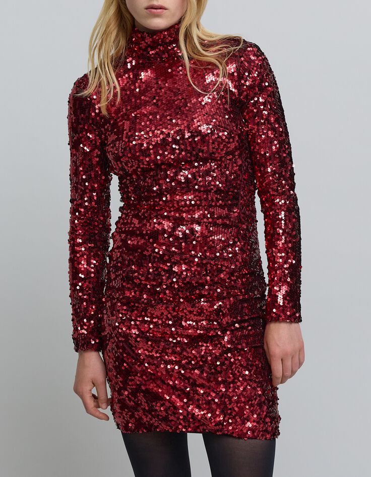 Vestido bermellón efecto drapeado bordado con lentejuelas para mujer-3 Vestido bermellón efecto drapeado bordado con lentejuelas para mujer-3