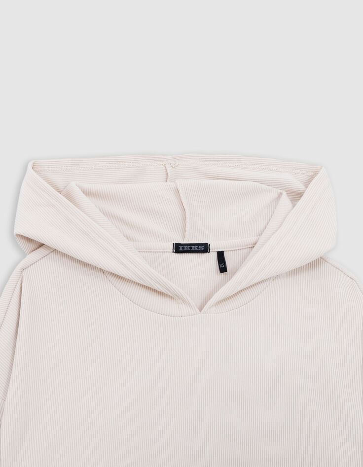 Beigefarbenes Mädchen-T-Shirt mit Kapuze aus Rippstrick-4