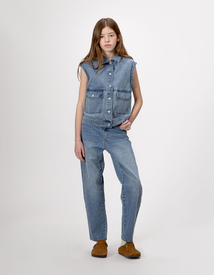 Veste sans manches en jean bleu fille-3 Veste sans manches en jean bleu fille-3