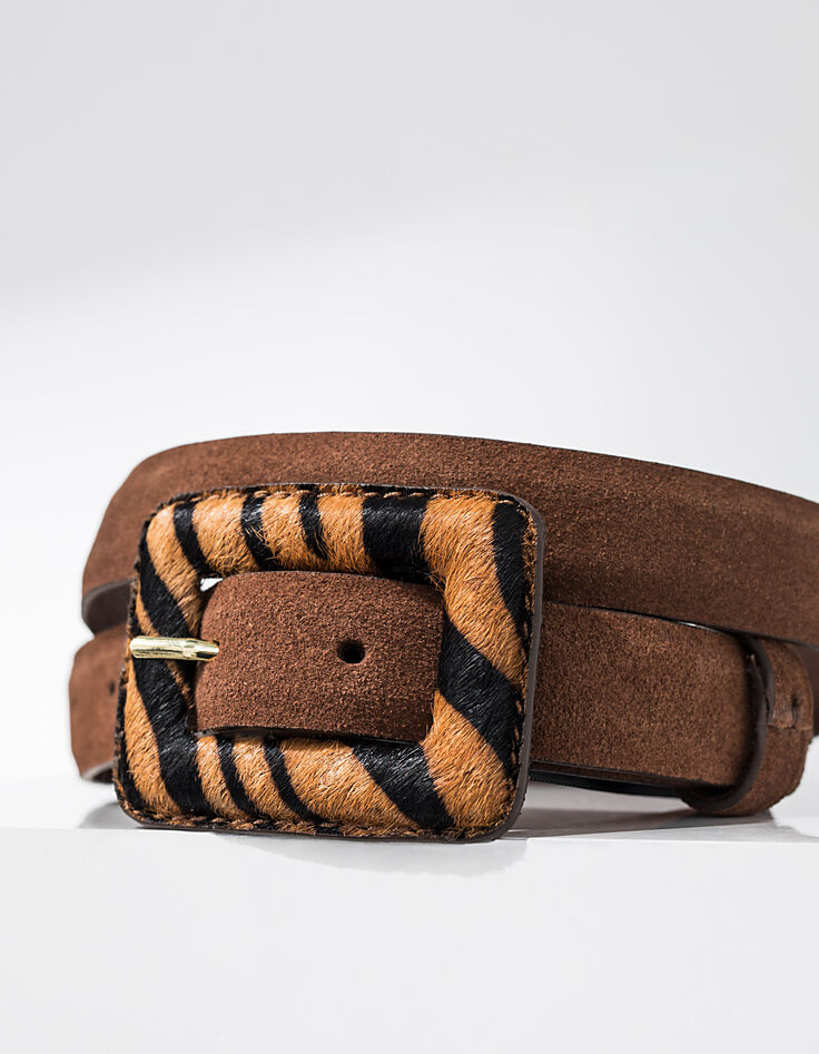 Cinturón coñac de cuero con hebilla estampado tigre I.Code-3 Cinturón coñac de cuero con hebilla estampado tigre I.Code-3