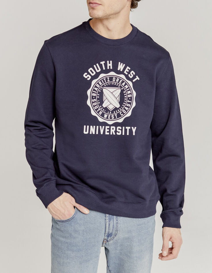 Marineblaues Herren-Sweatshirt, Wappen, Campus-Optik, Bio-1
