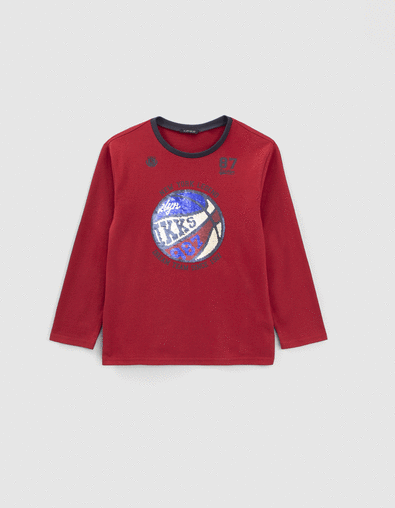 Jungen-T-Shirt bordeaux mit Ballmotiv aus Wendepailletten - IKKS