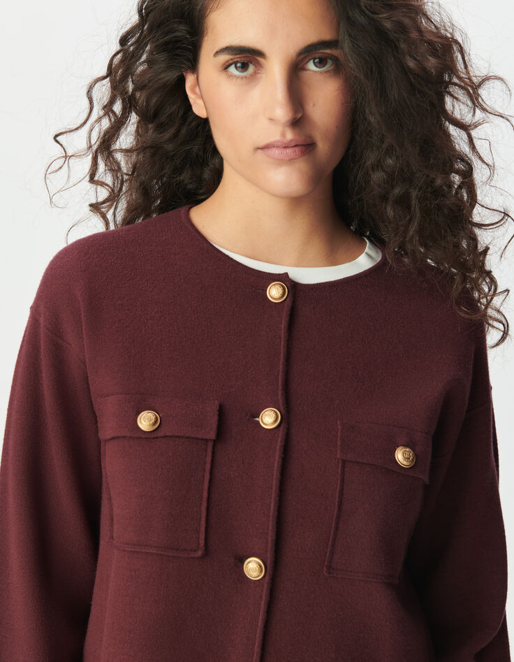 Women’s burgundy knit short cardigan with patch pockets-4