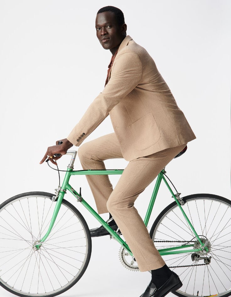 Donkerbeige seersucker colbert TRAVEL SUIT Heren-5